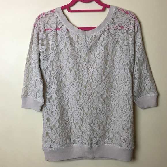 Express Sheer Floral Lace Taupe Elbow Sleeve Top Size M - Picture 4 of 8